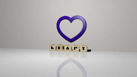 3D representation of HEART with icon on the wall and text arranged by metallic cubic letters on a mirror floor for concept meaning and slideshow presentation. illustration and backgroundの写真素材