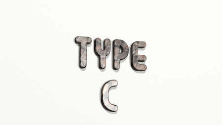 usb type c made by 3D illustration of a shiny metallic sculpture on a wall with light background....
