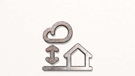 SKY made by 3D illustration of a shiny metallic sculpture on a wall with light background. blue and...