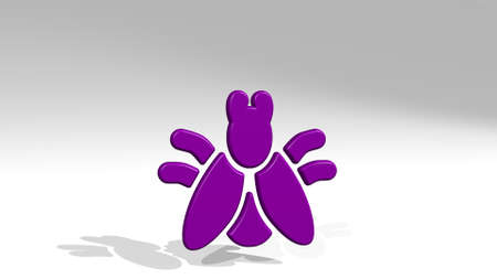 flying insect fly made by 3D illustration of a shiny metallic sculpture with the shadow on light background. blue and airの写真素材