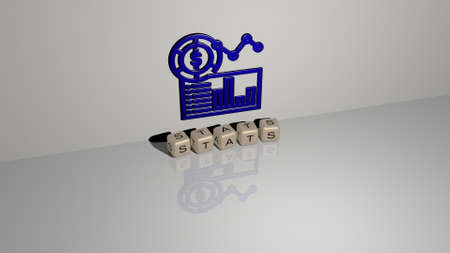 3D representation of stats with icon on the wall and text arranged by metallic cubic letters on a...