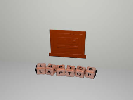 3D illustration of laptop graphics and text made by metallic dice letters for the related meanings...