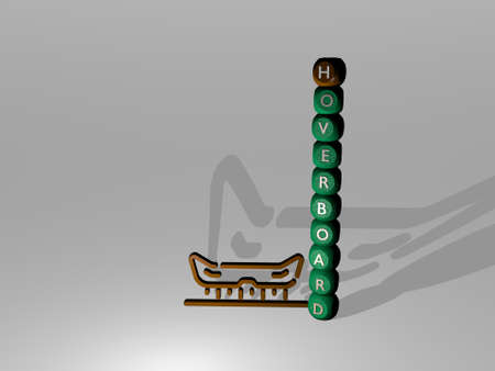 3D illustration of HOVERBOARD graphics and text around the icon made by metallic dice letters for the related meanings of the concept and presentations. electric and scooterの写真素材