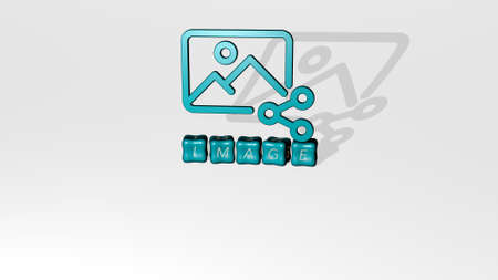 3D graphical image of IMAGE vertically along with text built by metallic cubic letters from the top...