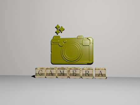 3D illustration of CAMERA graphics and text made by metallic dice letters for the related meanings of the concept and presentations. background and beautifulの写真素材