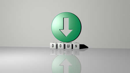 3D graphical image of DOWN vertically along with text built by metallic cubic letters from the top perspective, excellent for the concept presentation and slideshows. background and illustrationの写真素材