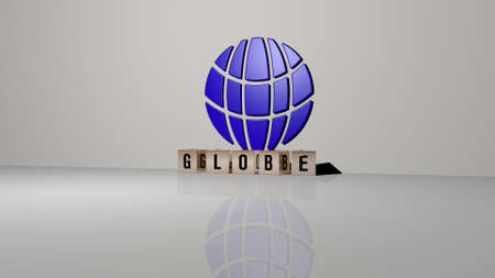 3D illustration of GLOBE graphics and text made by metallic dice letters for the related meanings of the concept and presentations. background and earthの写真素材