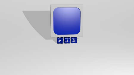 3D representation of pin with icon on the wall and text arranged by metallic cubic letters on a mirror floor for concept meaning and slideshow presentation. illustration and mapの写真素材