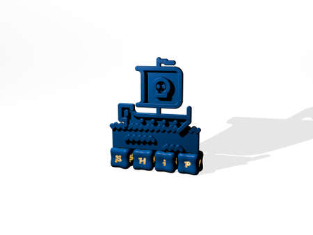 3D representation of ship with icon on the wall and text arranged by metallic cubic letters on a...