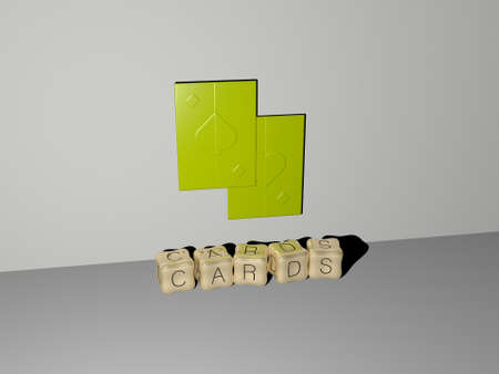 3D illustration of CARDS graphics and text made by metallic dice letters for the related meanings of the concept and presentations. background and designの写真素材