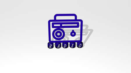 3D representation of RADIO with icon on the wall and text arranged by metallic cubic letters on a mirror floor for concept meaning and slideshow presentation. illustration and backgroundの写真素材