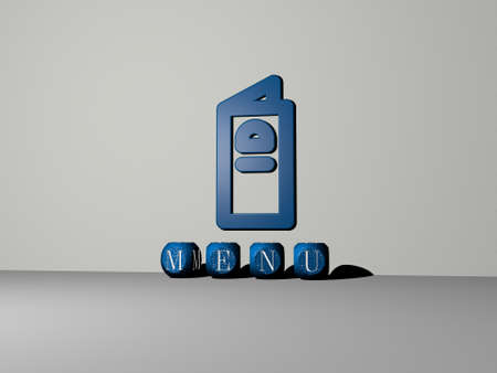3D representation of menu with icon on the wall and text arranged by metallic cubic letters on a...