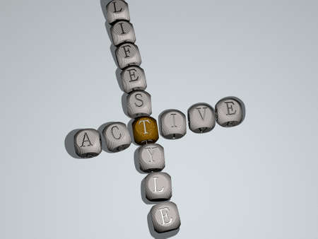 crosswords of active lifestyle arranged by cubic letters on a mirror floor, concept meaning and presentation. activity and backgroundの写真素材
