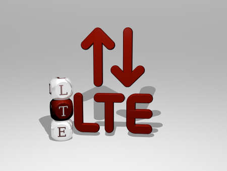 3D illustration of lte graphics and text around the icon made by metallic dice letters for the...