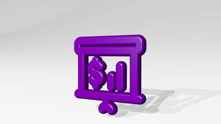 PRESENTATION PROJECTOR SCREEN BUDGET ANALYTICS made by 3D illustration of a shiny metallic sculpture with the shadow on light background. business and designの写真素材