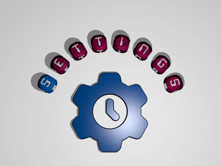 3D representation of SETTINGS with icon on the wall and text arranged by metallic cubic letters on a...