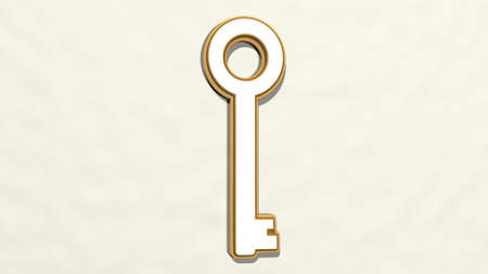 KEY made by 3D illustration of a shiny metallic sculpture on a wall with light background. concept and businessの写真素材
