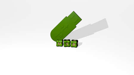 3D representation of USB with icon on the wall and text arranged by metallic cubic letters on a mirror floor for concept meaning and slideshow presentation. illustration and backgroundの写真素材