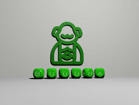 3D illustration of buddha graphics and text made by metallic dice letters for the related meanings...