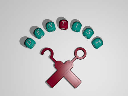 3D representation of DENTIST with icon on the wall and text arranged by metallic cubic letters on a mirror floor for concept meaning and slideshow presentation. dental and careの写真素材