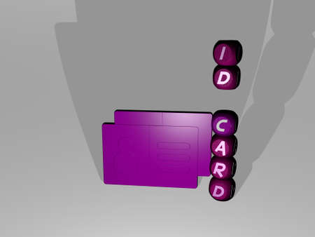 3D representation of ID CARD with icon on the wall and text arranged by metallic cubic letters on a mirror floor for concept meaning and slideshow presentation. illustration and backgroundの写真素材