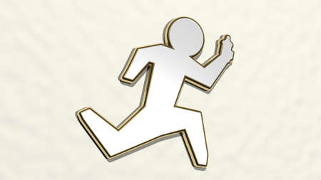 MAN WITH BABY BOTTLE from a perspective on the wall. A thick sculpture made of metallic materials of 3D rendering. cute and childの写真素材