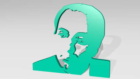 man stand with shadow. 3D illustration of metallic sculpture over a white background with mild textureの写真素材
