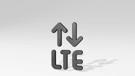 CELLULAR NETWORK LTE casting shadow from a perspective. A thick sculpture made of metallic materials of 3D rendering. phone and backgroundの写真素材