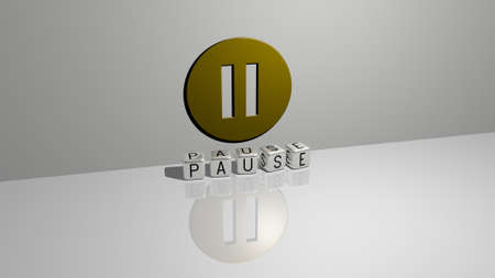 3D representation of pause with icon on the wall and text arranged by metallic cubic letters on a mirror floor for concept meaning and slideshow presentation. illustration and breakの写真素材
