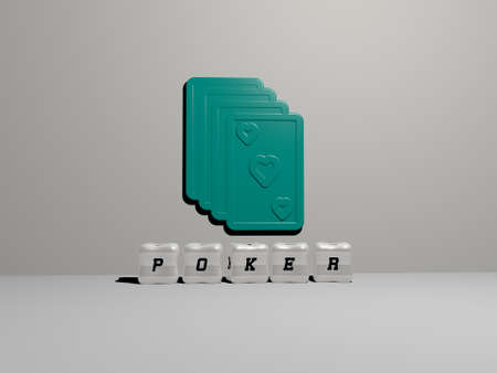 3D representation of POKER with icon on the wall and text arranged by metallic cubic letters on a...