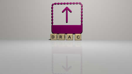 3D representation of drag with icon on the wall and text arranged by metallic cubic letters on a mirror floor for concept meaning and slideshow presentation. illustration and carの写真素材