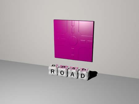 3D representation of ROAD with icon on the wall and text arranged by metallic cubic letters on a...
