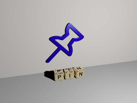 3D illustration of pin graphics and text made by metallic dice letters for the related meanings of...
