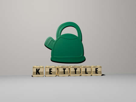 3D representation of kettle with icon on the wall and text arranged by metallic cubic letters on a mirror floor for concept meaning and slideshow presentation. illustration and backgroundの写真素材