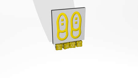 3D graphical image of shoe vertically along with text built by metallic cubic letters from the top...