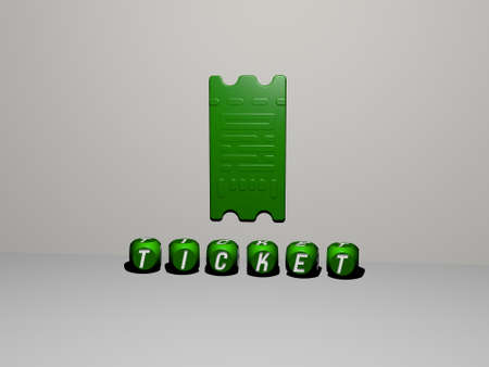 3D representation of TICKET with icon on the wall and text arranged by metallic cubic letters on a mirror floor for concept meaning and slideshow presentation. illustration and backgroundの写真素材