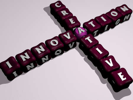 INNOVATION CREATIVE combined by dice letters and color crossing for the related meanings of the...