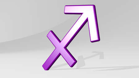 plus and arrow sign stand with shadow. 3D illustration of metallic sculpture over a white background with mild texture. icon and sizeの写真素材