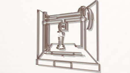 3D printer from a perspective on the wall. A thick sculpture made of metallic materials of 3D...