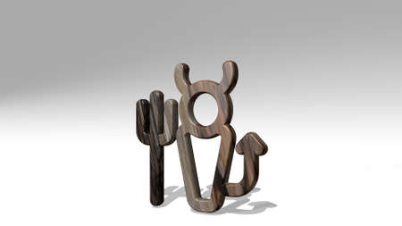 religion devil made by 3D illustration of a shiny metallic sculpture casting shadow on light...
