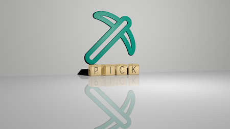3D representation of pick with icon on the wall and text arranged by metallic cubic letters on a...