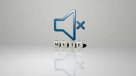 3D representation of MUTE with icon on the wall and text arranged by metallic cubic letters on a mirror floor for concept meaning and slideshow presentation. illustration and swanの写真素材