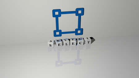 3D representation of select with icon on the wall and text arranged by metallic cubic letters on a...