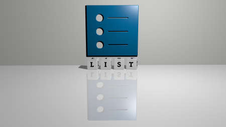 3D graphical image of LIST vertically along with text built by metallic cubic letters from the top perspective, excellent for the concept presentation and slideshows. illustration and businessの写真素材