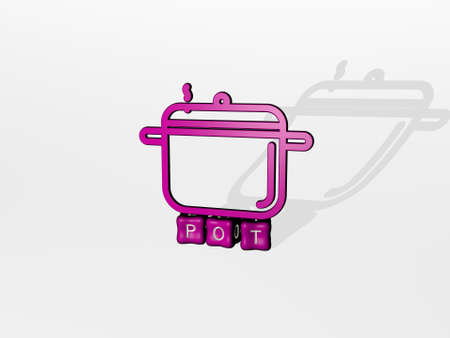 3D representation of pot with icon on the wall and text arranged by metallic cubic letters on a mirror floor for concept meaning and slideshow presentation. background and illustrationの写真素材