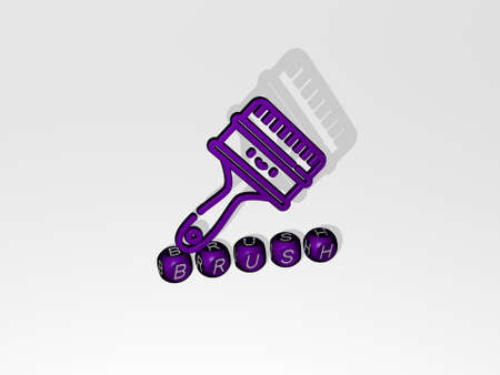 3D representation of brush with icon on the wall and text arranged by metallic cubic letters on a mirror floor for concept meaning and slideshow presentation. background and illustrationの写真素材