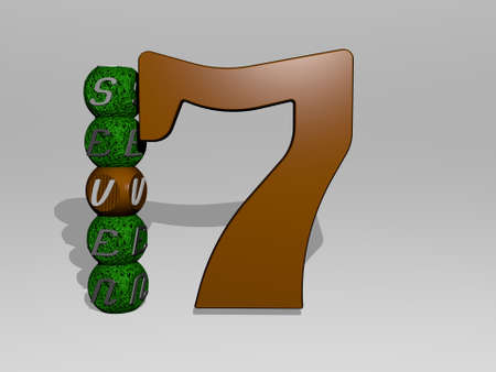 3D illustration of seven graphics and text around the icon made by metallic dice letters for the...