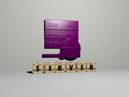 3D representation of server with icon on the wall and text arranged by metallic cubic letters on a...