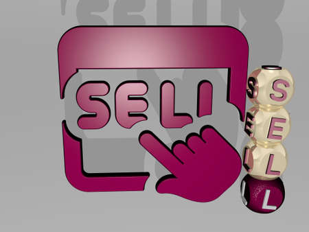 3D representation of SELL with icon on the wall and text arranged by metallic cubic letters on a...