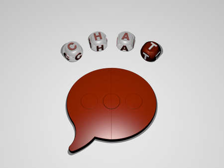 3D representation of CHAT with icon on the wall and text arranged by metallic cubic letters on a...